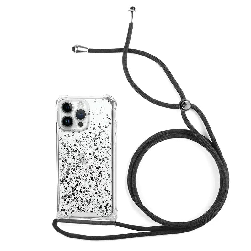 Capa de Purpurina com Cordão para iPhone 14 Pro - Preto