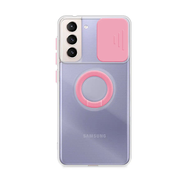 Capa del transparente com tampa da camera deslizante para samsung galaxy s21 plus 5g rosa